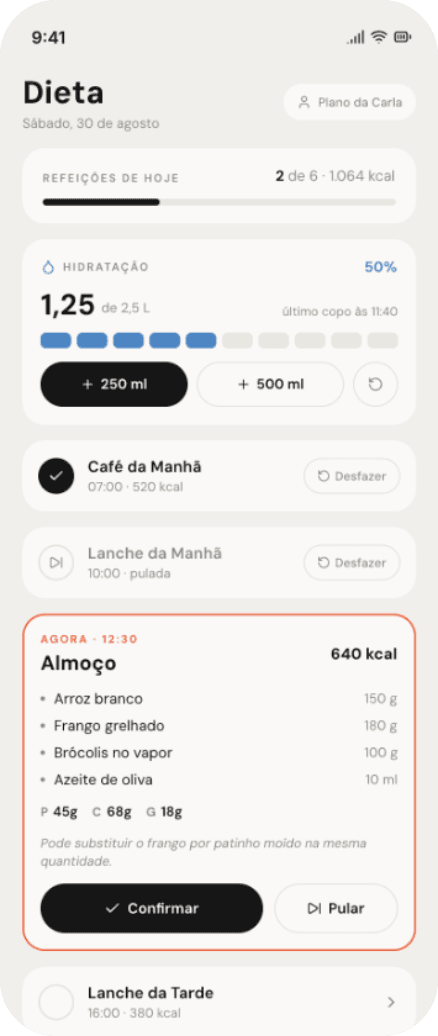 Tela de dieta do app do paciente Bravus